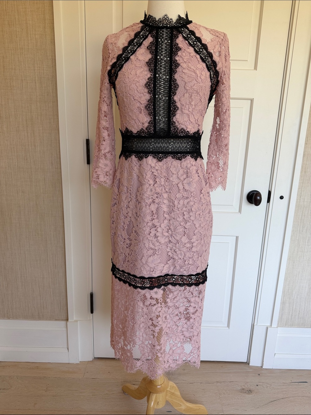 Alexis Blush Pink Lace Midi Dress with Black Lace Accents